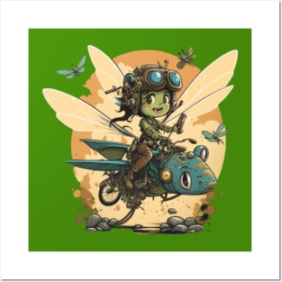 Steampunk Battle Fairy Ridging a Mechanical Dragonfly Posters and Art